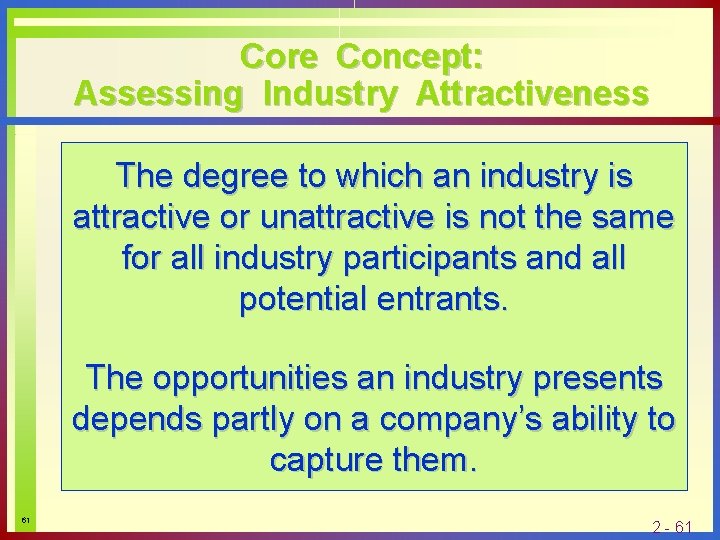 Core Concept: Assessing Industry Attractiveness The degree to which an industry is attractive or