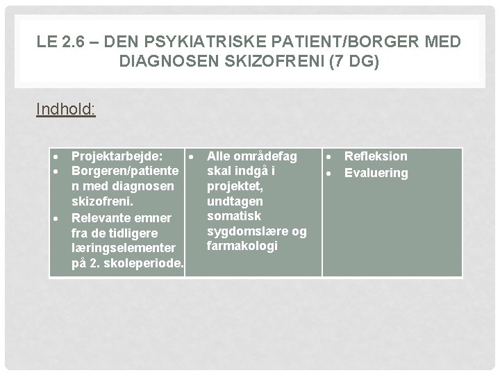 LE 2. 6 – DEN PSYKIATRISKE PATIENT/BORGER MED DIAGNOSEN SKIZOFRENI (7 DG) Indhold: Projektarbejde: