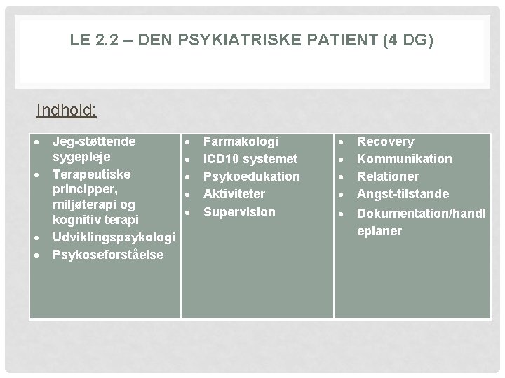LE 2. 2 – DEN PSYKIATRISKE PATIENT (4 DG) Indhold: Jeg-støttende sygepleje Terapeutiske principper,