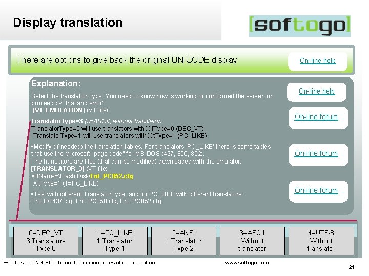 Display translation There are options to give back the original UNICODE display On-line help