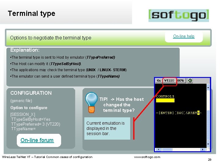 Terminal type On-line help Options to negotiate the terminal type Explanation: • The terminal