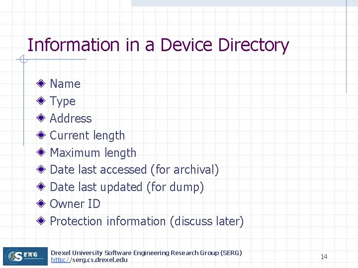 Information in a Device Directory Name Type Address Current length Maximum length Date last