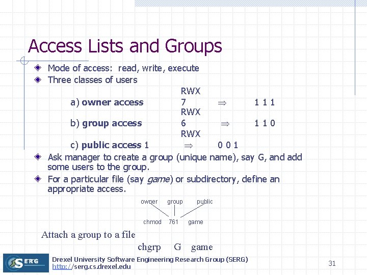 Access Lists and Groups Mode of access: read, write, execute Three classes of users