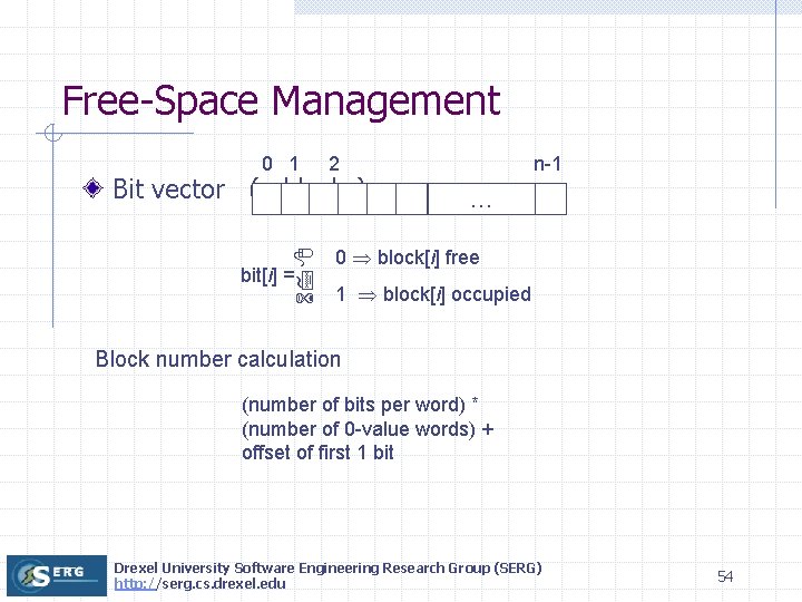 Free-Space Management 0 1 2 Bit vector (n blocks) bit[i] = n-1 … 0