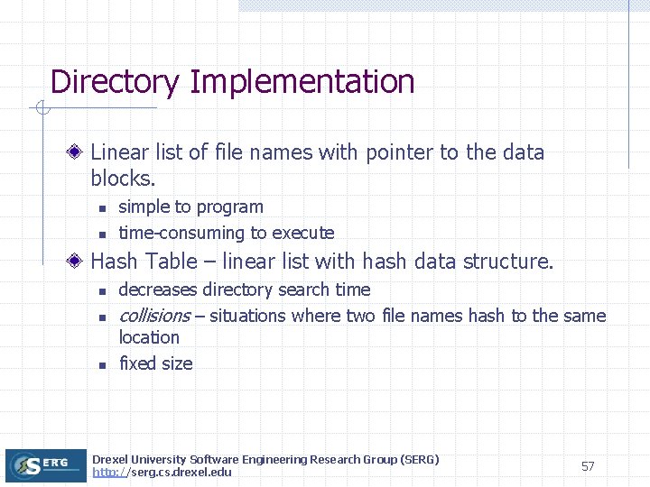 Directory Implementation Linear list of file names with pointer to the data blocks. n