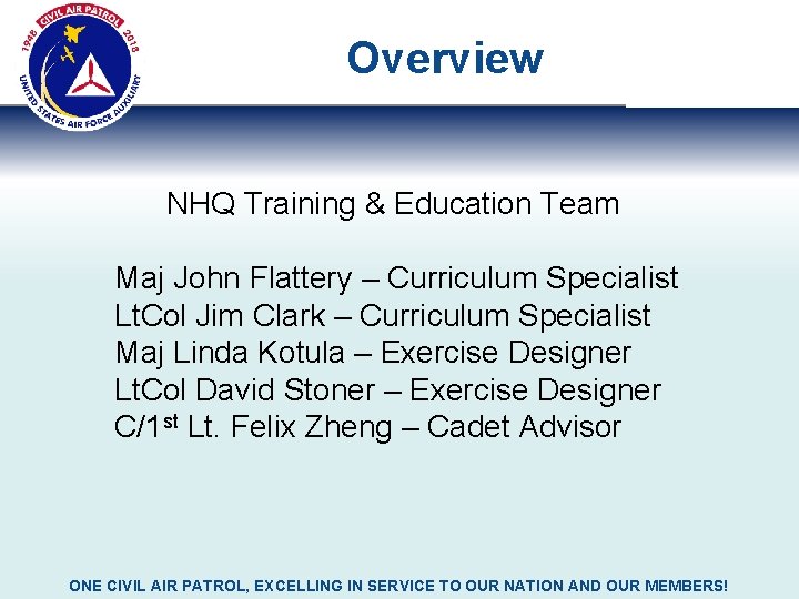 Overview NHQ Training & Education Team Maj John Flattery – Curriculum Specialist Lt. Col