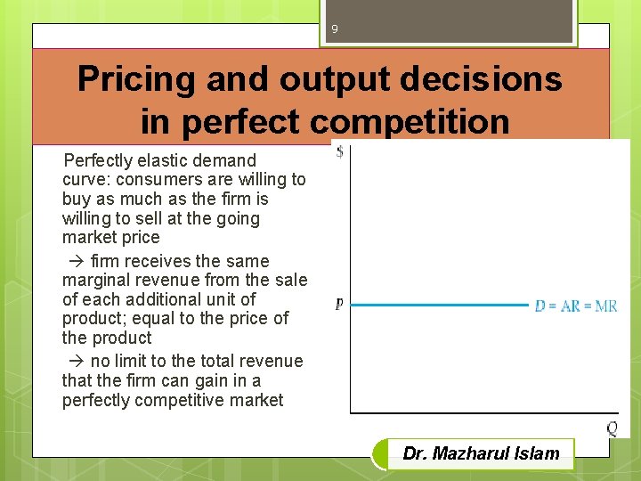 9 Pricing and output decisions in perfect competition Perfectly elastic demand curve: consumers are