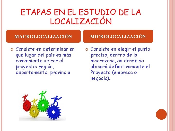 ETAPAS EN EL ESTUDIO DE LA LOCALIZACIÓN MACROLOCALIZACIÓN Consiste en determinar en qué lugar