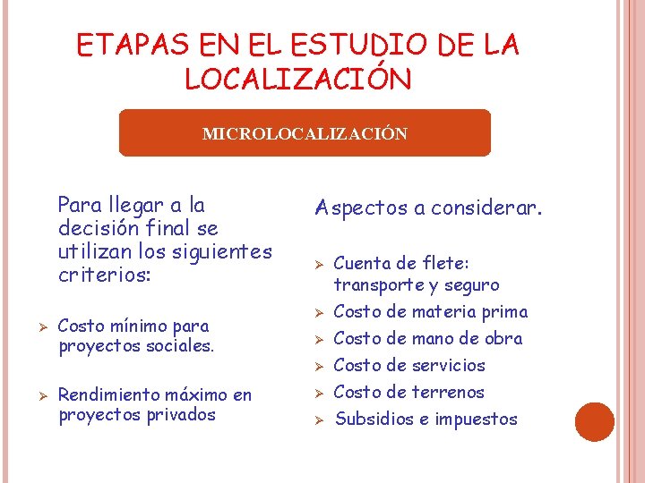 ETAPAS EN EL ESTUDIO DE LA LOCALIZACIÓN MICROLOCALIZACIÓN Para llegar a la decisión final