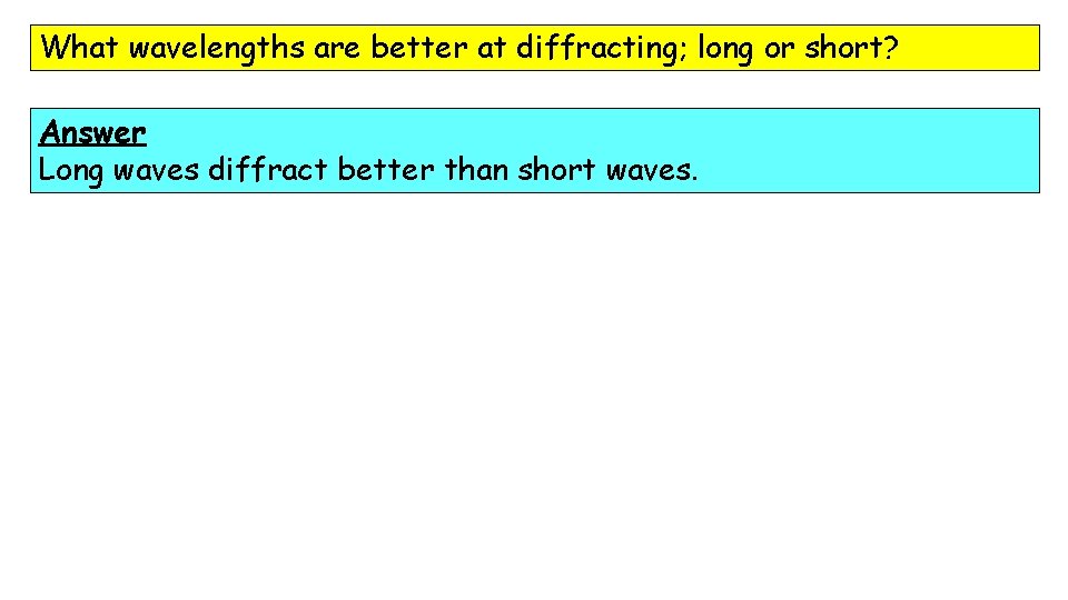 What wavelengths are better at diffracting; long or short? Answer Long waves diffract better