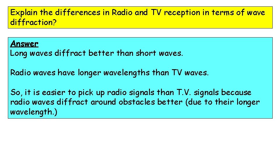 Explain the differences in Radio and TV reception in terms of wave diffraction? Answer