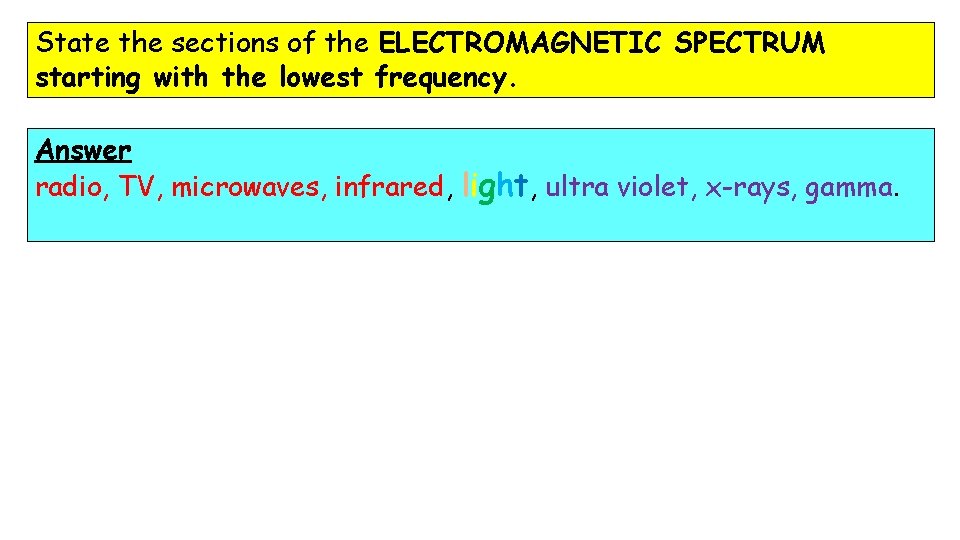 State the sections of the ELECTROMAGNETIC SPECTRUM starting with the lowest frequency. Answer radio,