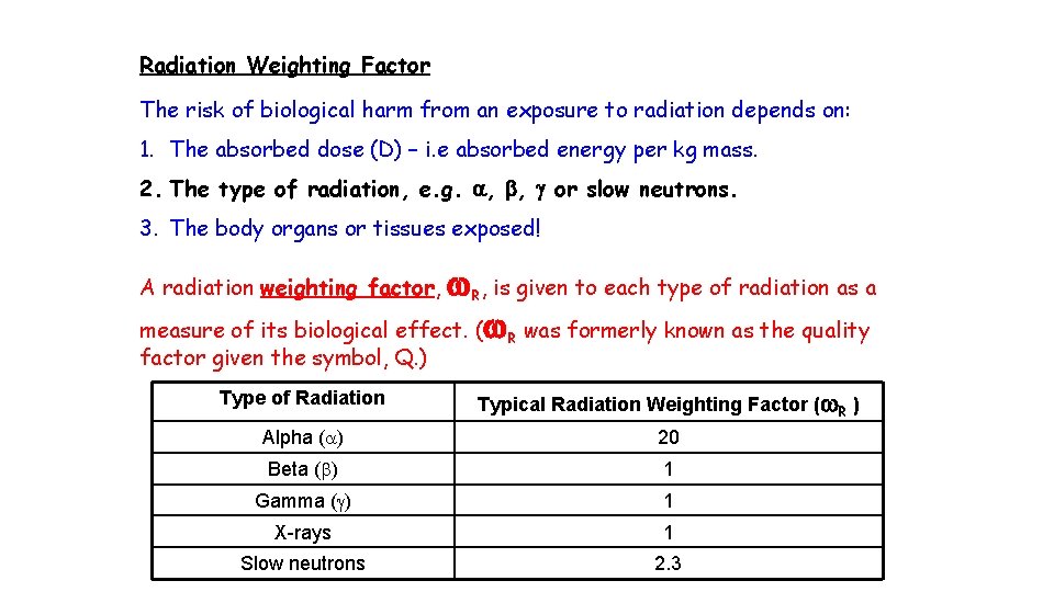 Radiation Weighting Factor The risk of biological harm from an exposure to radiation depends