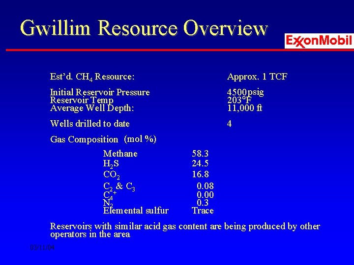 Gwillim Resource Overview Est’d. CH 4 Resource: Approx. 1 TCF Initial Reservoir Pressure Reservoir