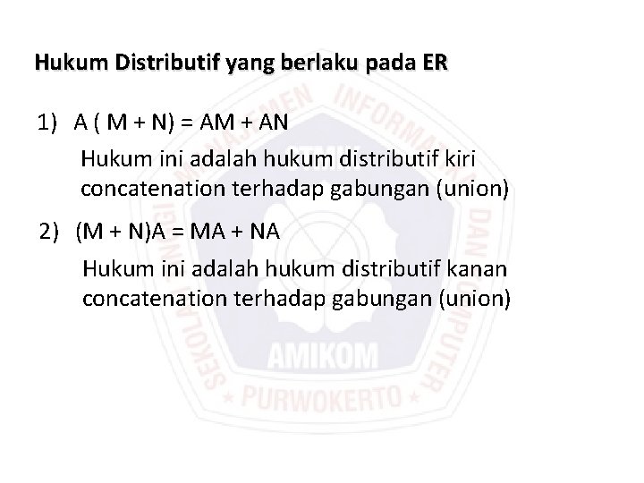 Hukum Distributif yang berlaku pada ER 1) A ( M + N) = AM