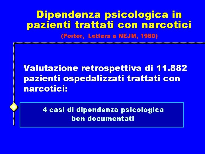 Dipendenza psicologica in pazienti trattati con narcotici (Porter, Lettera a NEJM, 1980) Valutazione retrospettiva Dipendenza psicologica in pazienti trattati con narcotici (Porter, Lettera a NEJM, 1980) Valutazione retrospettiva