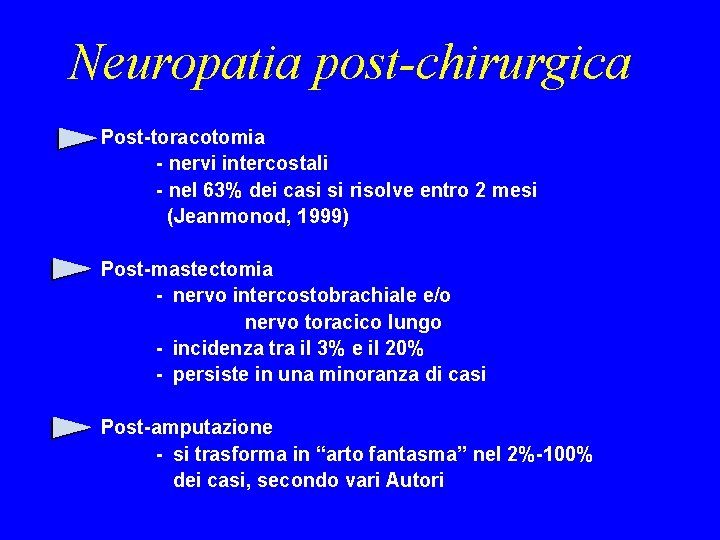 Neuropatia post-chirurgica Post-toracotomia - nervi intercostali - nel 63% dei casi si risolve entro