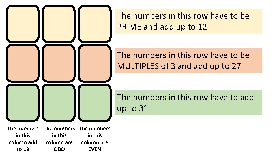 The numbers in this row have to be PRIME and add up to 12