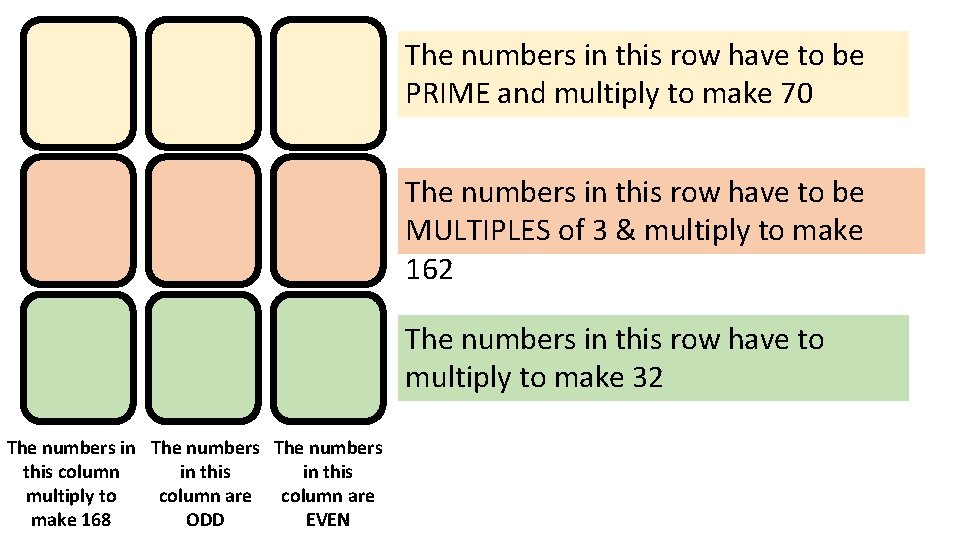 The numbers in this row have to be PRIME and multiply to make 70