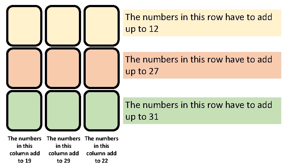 The numbers in this row have to add up to 12 The numbers in