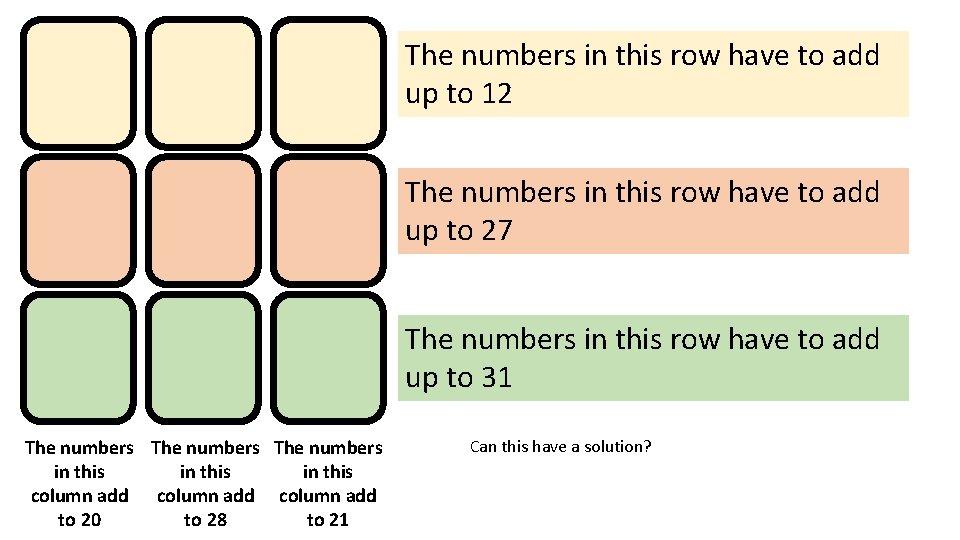 The numbers in this row have to add up to 12 The numbers in