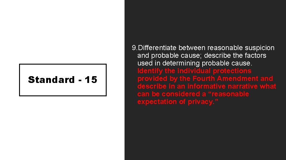 Standard - 15 9. Differentiate between reasonable suspicion and probable cause; describe the factors