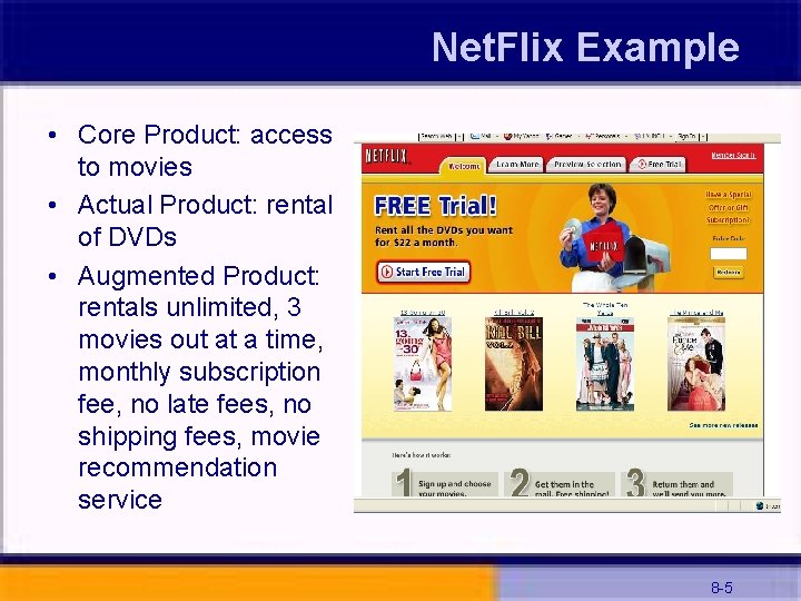 Net. Flix Example • Core Product: access to movies • Actual Product: rental of