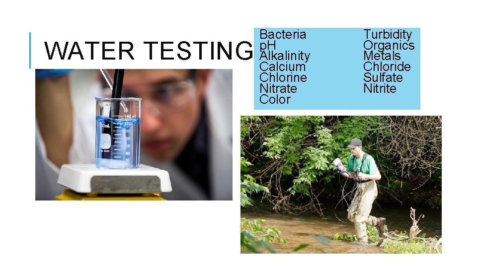 WATER TESTING Bacteria p. H Alkalinity Calcium Chlorine Nitrate Color Turbidity Organics Metals Chloride