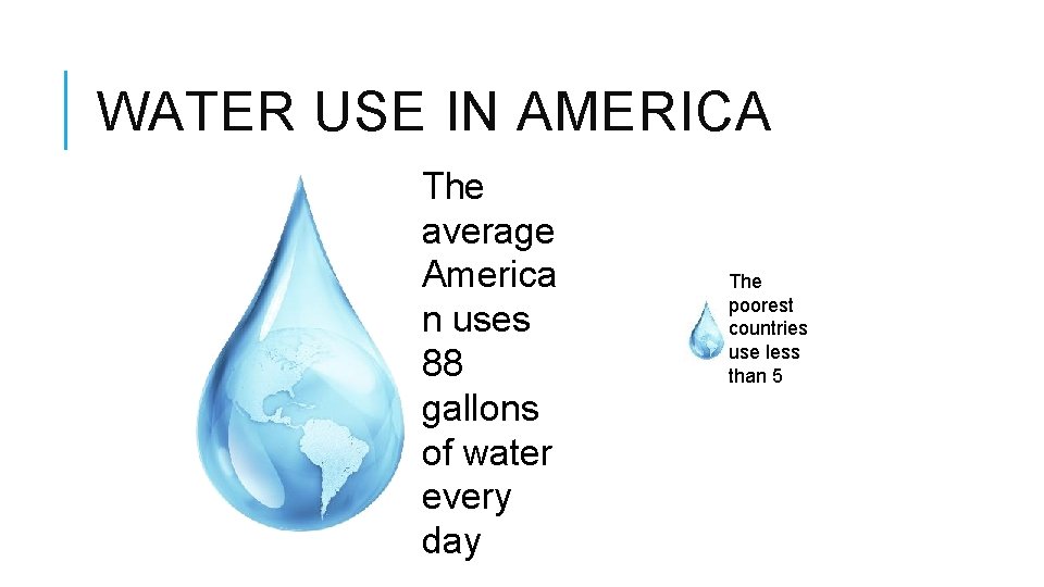 WATER USE IN AMERICA The average America n uses 88 gallons of water every