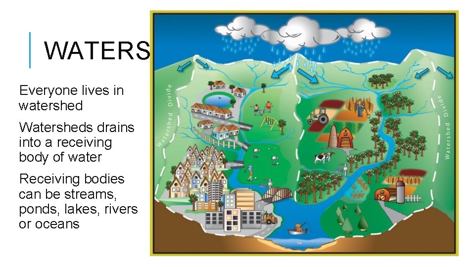 WATERSHEDS Everyone lives in watershed Watersheds drains into a receiving body of water Receiving