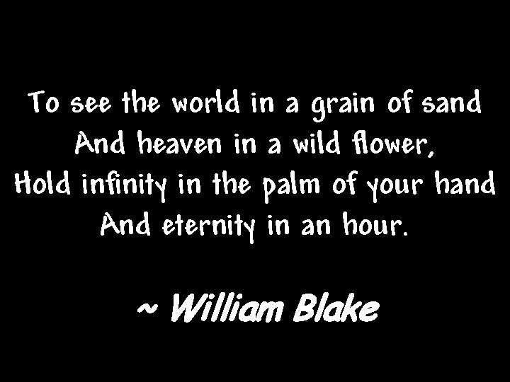 To see the world in a grain of sand And heaven in a wild To see the world in a grain of sand And heaven in a wild