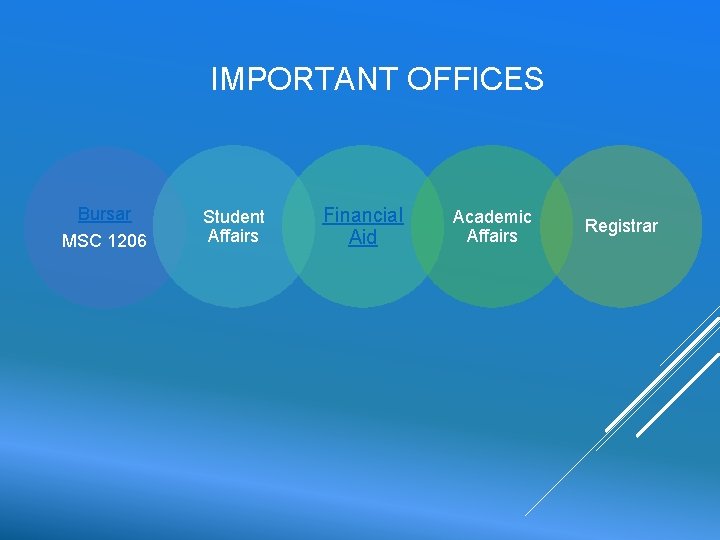 IMPORTANT OFFICES Bursar MSC 1206 Student Affairs Financial Aid Academic Affairs Registrar 