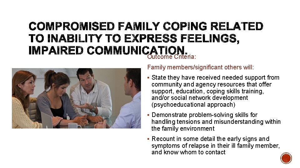 Outcome Criteria: Family members/significant others will: § State they have received needed support from