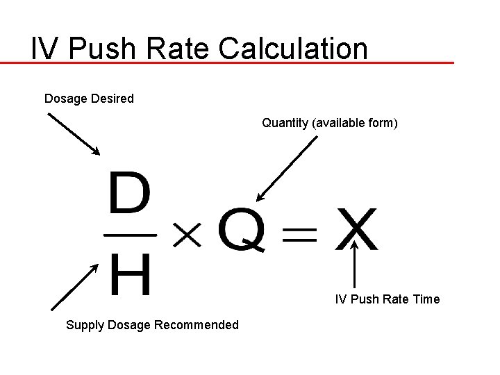 IV Push Rate Calculation Dosage Desired Quantity (available form) IV Push Rate Time Supply