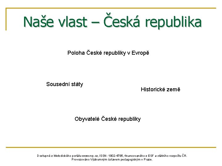 Naše vlast – Česká republika Poloha České republiky v Evropě Sousední státy Historické země