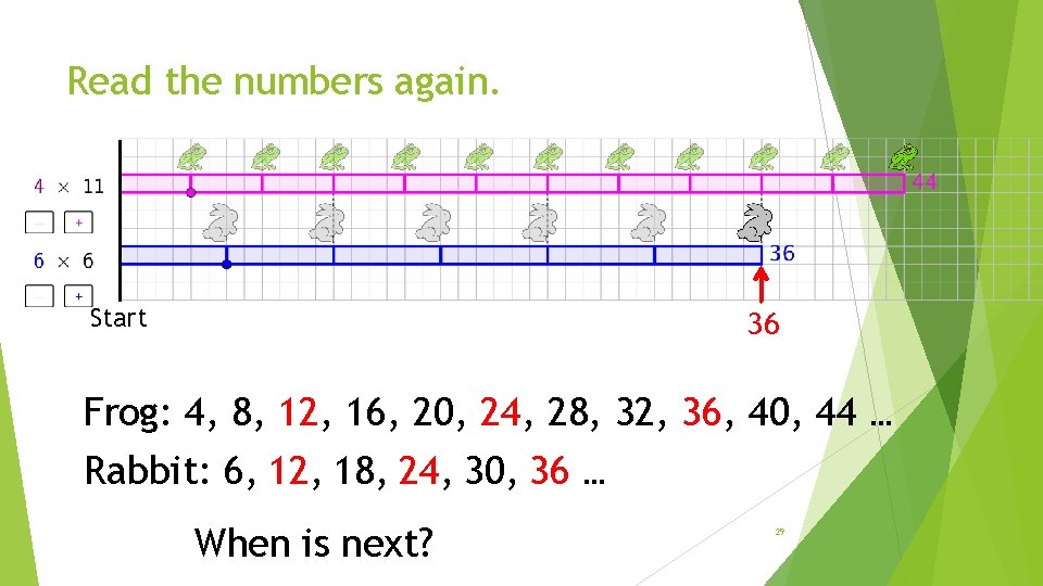 Read the numbers again. Start 36 Frog: 4, 8, 12, 16, 20, 24, 28,