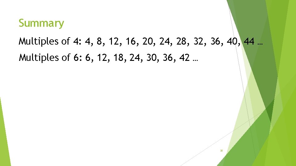 Summary Multiples of 4: 4, 8, 12, 16, 20, 24, 28, 32, 36, 40,