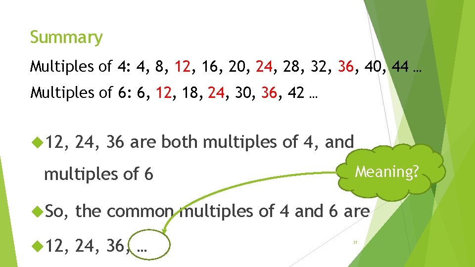 Summary Multiples of 4: 4, 8, 12, 16, 20, 24, 28, 32, 36, 40,