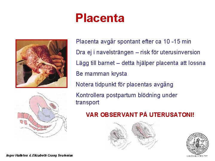 Placenta avgår spontant efter ca 10 -15 min Dra ej i navelsträngen – risk