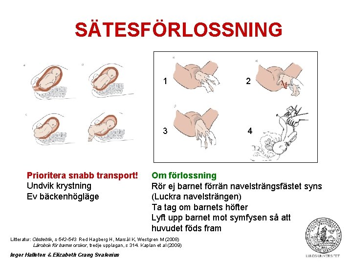 SÄTESFÖRLOSSNING Prioritera snabb transport! Undvik krystning Ev bäckenhögläge 1 2 3 4 Om förlossning