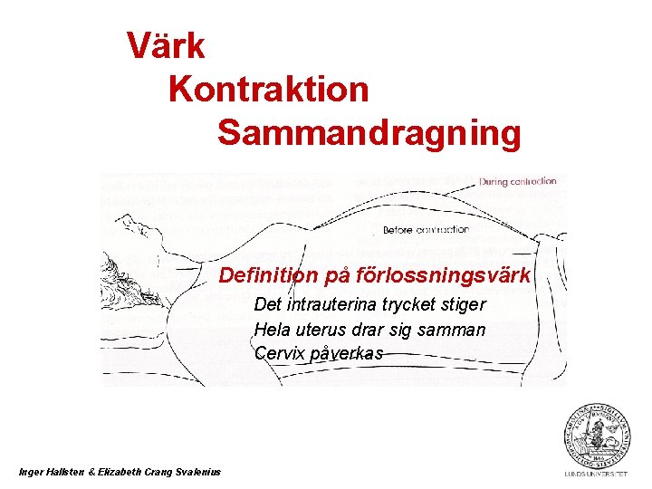 Värk Kontraktion Sammandragning Definition på förlossningsvärk Det intrauterina trycket stiger Hela uterus drar sig