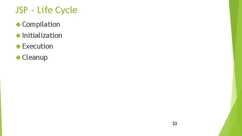 JSP - Life Cycle Compilation Initialization Execution Cleanup 33 