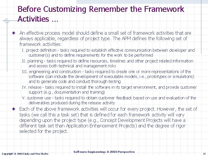 Before Customizing Remember the Framework Activities … An effective process model should define a