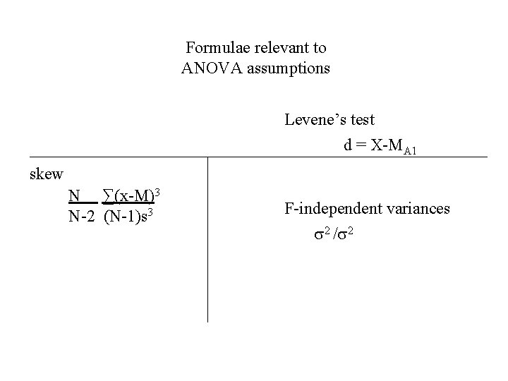 Formulae relevant to ANOVA assumptions Levene’s test d = X-MA 1 skew N ∑(x-M)3