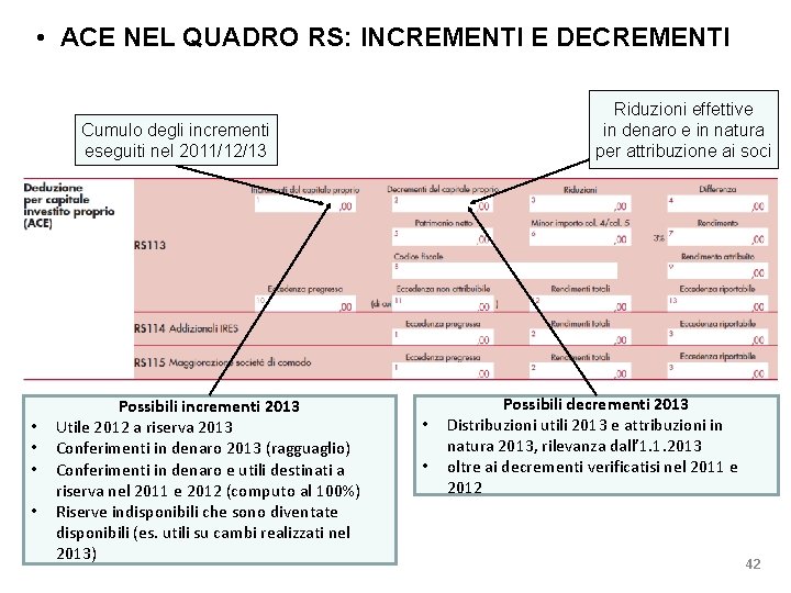  • ACE NEL QUADRO RS: INCREMENTI E DECREMENTI Riduzioni effettive in denaro e