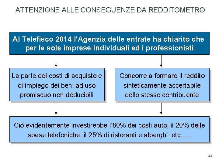 ATTENZIONE ALLE CONSEGUENZE DA REDDITOMETRO Al Telefisco 2014 l’Agenzia delle entrate ha chiarito che