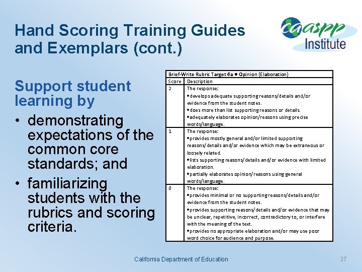 Hand Scoring Training Guides and Exemplars (cont. ) Support student learning by • demonstrating