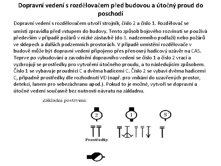 Dopravní vedení s rozdělovačem před budovou a útočný proud do poschodí Dopravní vedení s Dopravní vedení s rozdělovačem před budovou a útočný proud do poschodí Dopravní vedení s