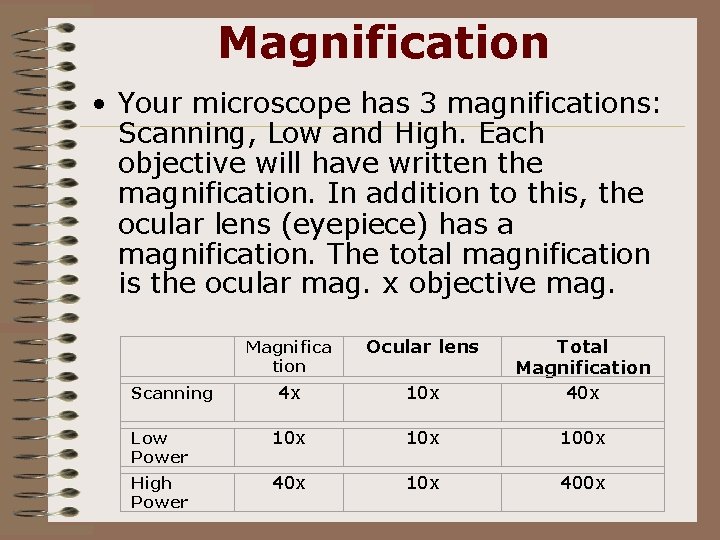 Magnification • Your microscope has 3 magnifications: Scanning, Low and High. Each objective will