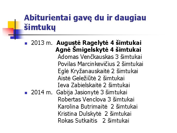 Abiturientai gavę du ir daugiau šimtukų 2013 m. Augustė Ragelytė 4 šimtukai Agnė Šmigelskytė